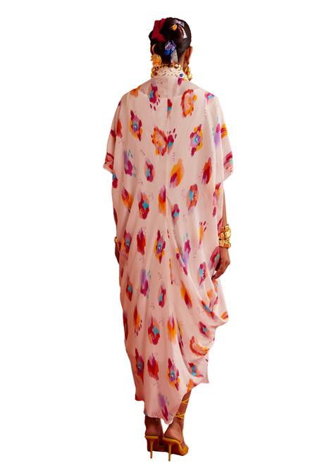 Garima Bindal_Multi Color Crepe, Modal Fringe V-neck Splash Print Kaftan _at_Aza_Fashions