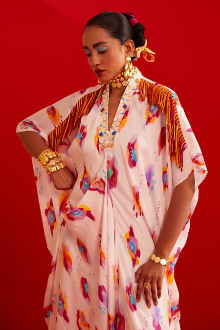 Buy_Garima Bindal_Multi Color Crepe, Modal Fringe V-neck Splash Print Kaftan 