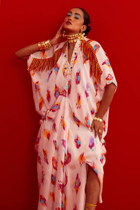Shop_Garima Bindal_Multi Color Crepe, Modal Fringe V-neck Splash Print Kaftan 