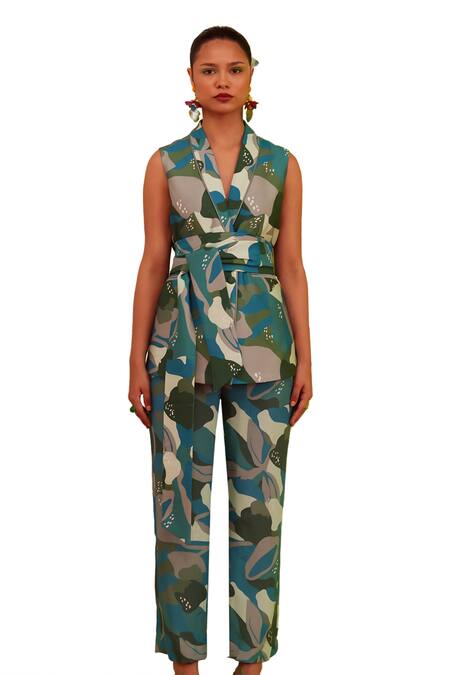 Garima Bindal_Blue Pure Modal Satin Print Abstract Shawl Collar Blazer With Pant _Online_at_Aza_Fashions