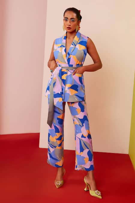 Garima Bindal Abstract Print Sleeveless Blazer With Pant 