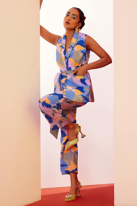Garima Bindal Abstract Print Sleeveless Blazer With Pant 