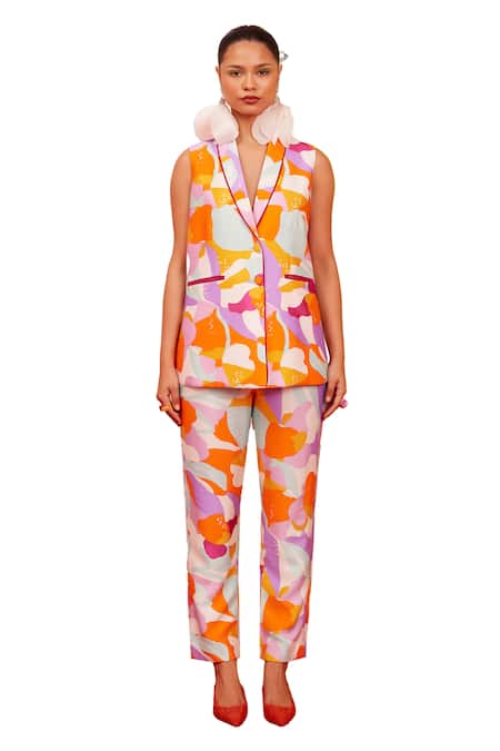 Buy_Garima Bindal_Orange Pure Modal Satin Print Whimsical Shawl Collar Blazer With Pant _Online_at_Aza_Fashions
