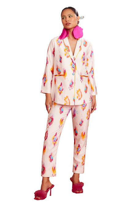 Garima Bindal_White Pure Modal Satin Print Abstract Shawl Collar Motif Blazer With Pant _Online_at_Aza_Fashions