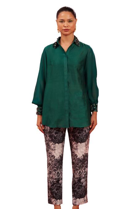 Garima Bindal_Green Pure Chanderi Printed Pant Floral Collared Neck Long Shirt With _Online_at_Aza_Fashions