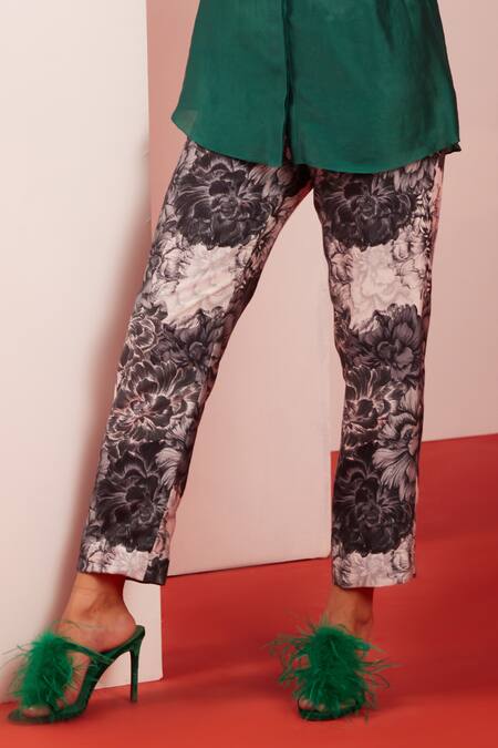 Buy_Garima Bindal_Green Pure Chanderi Printed Pant Floral Collared Neck Long Shirt With _Online_at_Aza_Fashions