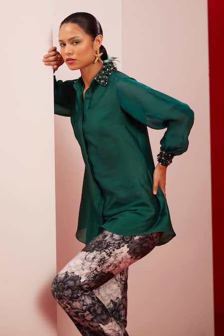 Shop_Garima Bindal_Green Pure Chanderi Printed Pant Floral Collared Neck Long Shirt With _Online_at_Aza_Fashions