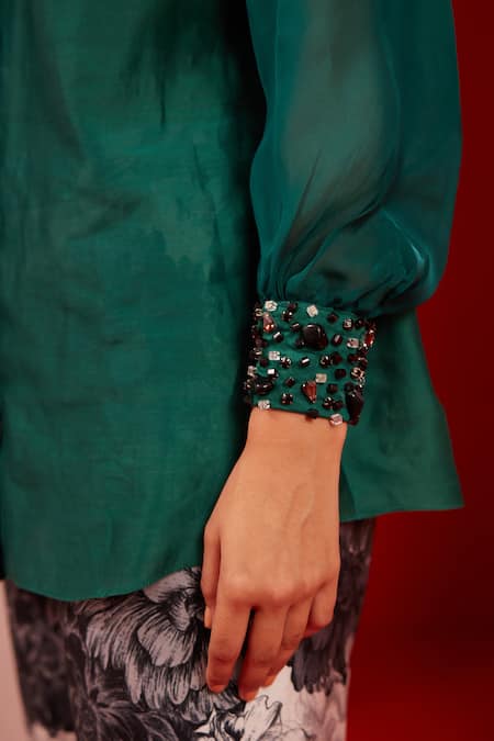 Garima Bindal_Green Pure Chanderi Printed Pant Floral Collared Neck Long Shirt With _at_Aza_Fashions