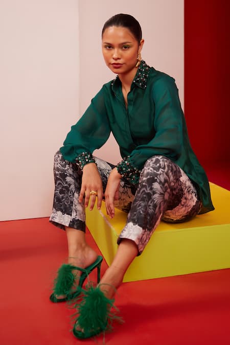 Buy_Garima Bindal_Green Pure Chanderi Printed Pant Floral Collared Neck Long Shirt With 