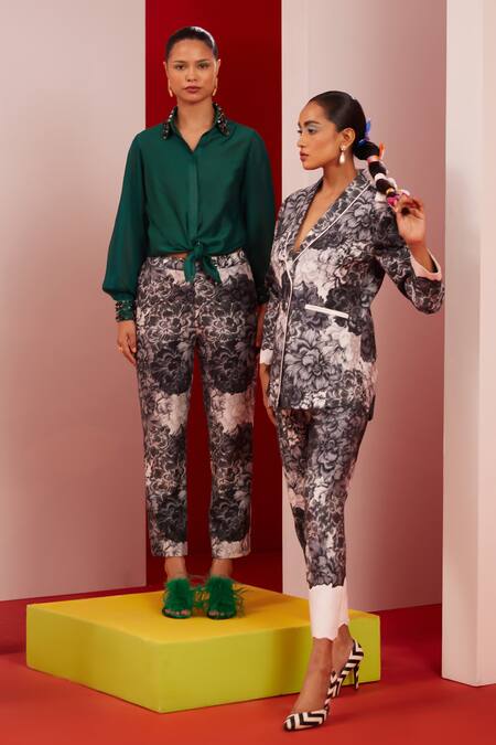 Shop_Garima Bindal_Green Pure Chanderi Printed Pant Floral Collared Neck Long Shirt With 