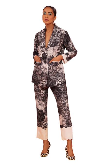 Shop_Garima Bindal_Grey Pure Chanderi Print Floral Shawl Collar Blazer With Pant _Online_at_Aza_Fashions
