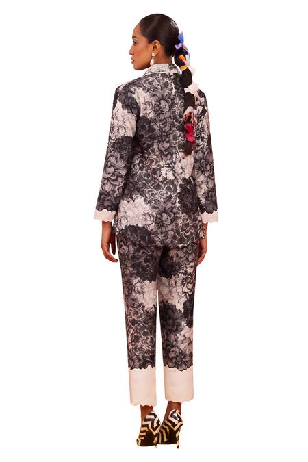 Garima Bindal_Grey Pure Chanderi Print Floral Shawl Collar Blazer With Pant _at_Aza_Fashions