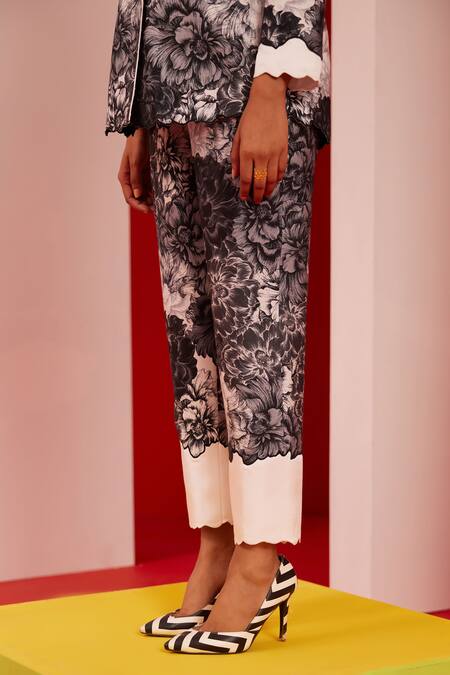 Shop_Garima Bindal_Grey Pure Chanderi Print Floral Shawl Collar Blazer With Pant 