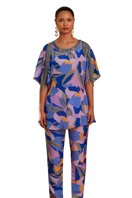 Garima Bindal_Blue Pure Crepe Print Abstract Round Neck Top With Straight Pant _Online_at_Aza_Fashions