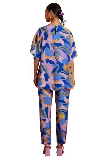 Shop_Garima Bindal_Blue Pure Crepe Print Abstract Round Neck Top With Straight Pant _Online_at_Aza_Fashions