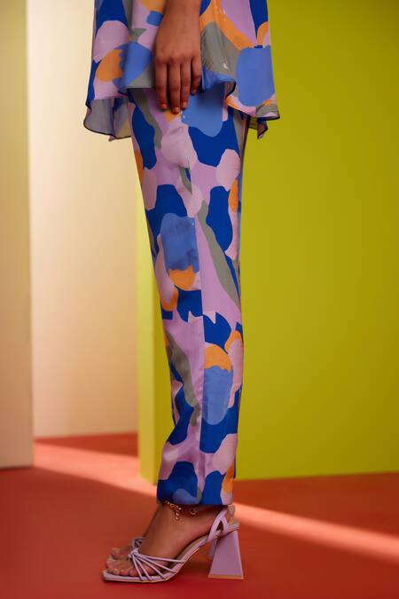 Garima Bindal_Blue Pure Crepe Print Abstract Round Neck Top With Straight Pant _at_Aza_Fashions