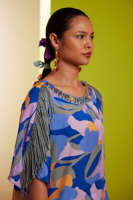 Buy_Garima Bindal_Blue Pure Crepe Print Abstract Round Neck Top With Straight Pant 