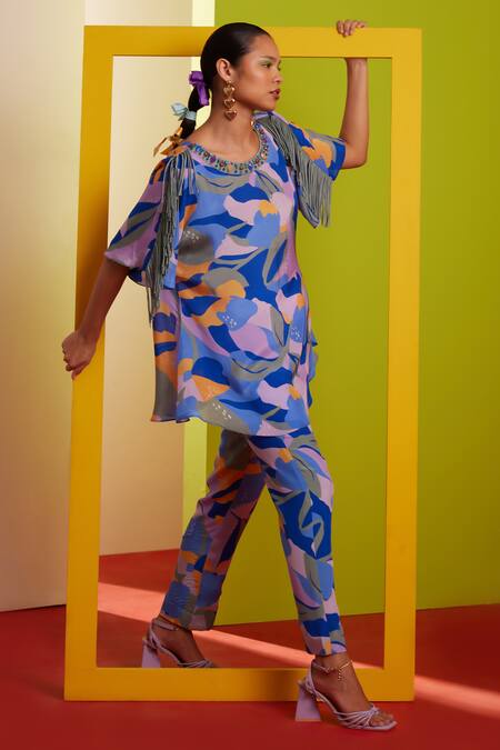 Shop_Garima Bindal_Blue Pure Crepe Print Abstract Round Neck Top With Straight Pant 