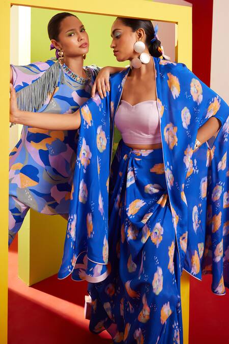 Garima Bindal_Blue Pure Crepe Print Abstract Cape Open Skirt Set _Online_at_Aza_Fashions