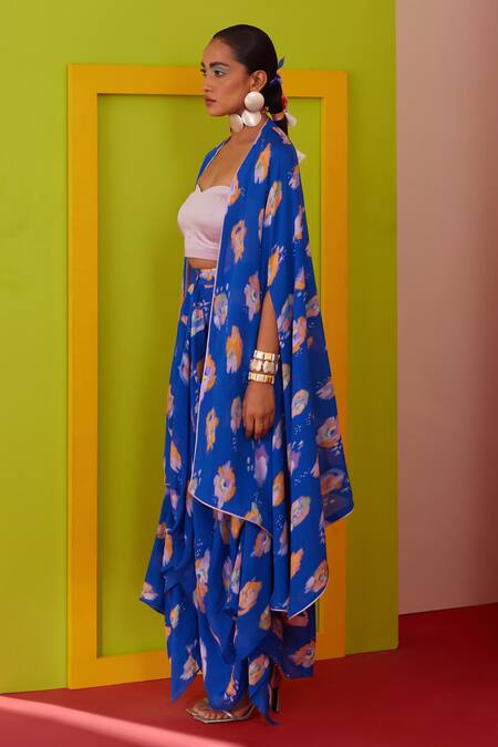 Buy_Garima Bindal_Blue Pure Crepe Print Abstract Cape Open Skirt Set _Online_at_Aza_Fashions