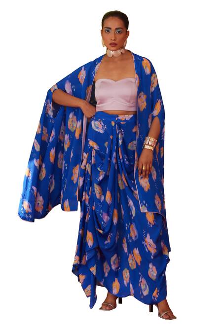 Shop_Garima Bindal_Blue Pure Crepe Print Abstract Cape Open Skirt Set _Online_at_Aza_Fashions