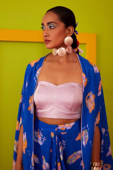 Buy_Garima Bindal_Blue Pure Crepe Print Abstract Cape Open Skirt Set 