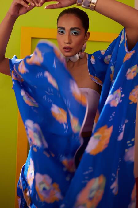 Shop_Garima Bindal_Blue Pure Crepe Print Abstract Cape Open Skirt Set 