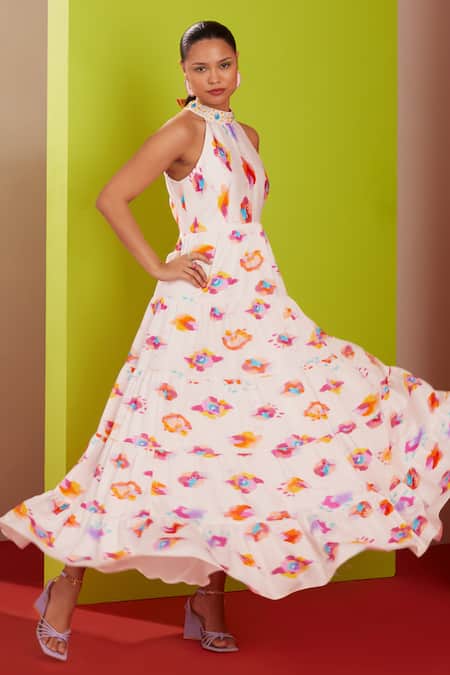 Shop_Garima Bindal_White Chanderi, Modal Embroidery Halter Neck Abstract Print Maxi Dress _Online_at_Aza_Fashions