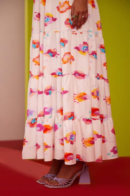 Garima Bindal_White Chanderi, Modal Embroidery Halter Neck Abstract Print Maxi Dress _at_Aza_Fashions