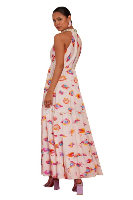 Buy_Garima Bindal_White Chanderi, Modal Embroidery Halter Neck Abstract Print Maxi Dress 