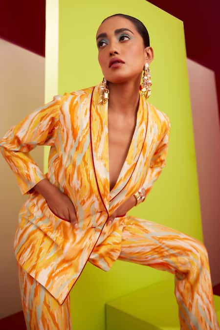 Buy_Garima Bindal_Yellow Pure Chanderi Print Abstract Shawl Collar Blazer With Straight Pant _Online_at_Aza_Fashions