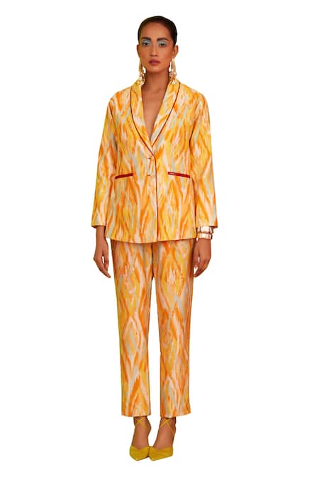 Shop_Garima Bindal_Yellow Pure Chanderi Print Abstract Shawl Collar Blazer With Straight Pant _Online_at_Aza_Fashions