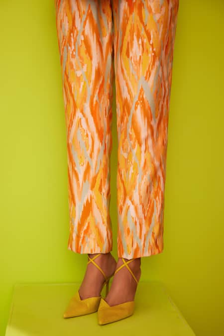 Shop_Garima Bindal_Yellow Pure Chanderi Print Abstract Shawl Collar Blazer With Straight Pant 