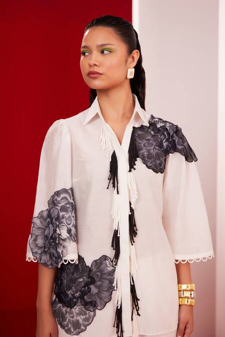 Shop_Garima Bindal_Ivory Pure Chanderi Applique Floral Collared Neck Shirt With Pant _Online_at_Aza_Fashions