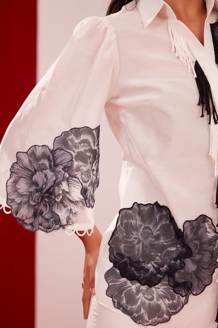 Garima Bindal_Ivory Pure Chanderi Applique Floral Collared Neck Shirt With Pant _at_Aza_Fashions