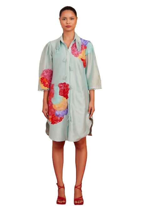 Garima Bindal_Blue Chanderi Embroidery Collared Floral Applique Shirt Dress _Online_at_Aza_Fashions