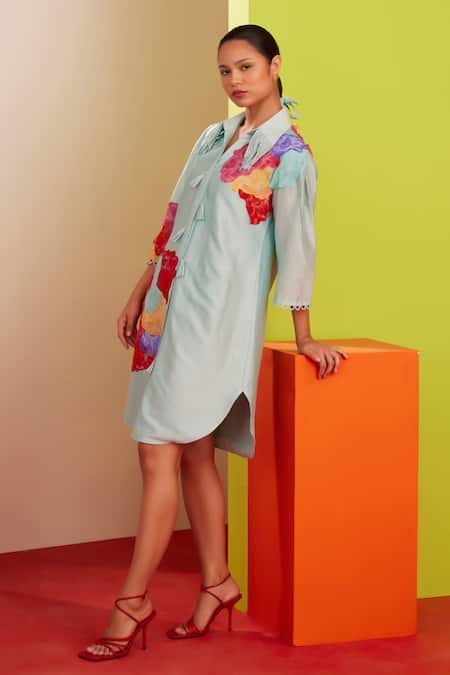 Buy_Garima Bindal_Blue Chanderi Embroidery Collared Floral Applique Shirt Dress _Online_at_Aza_Fashions