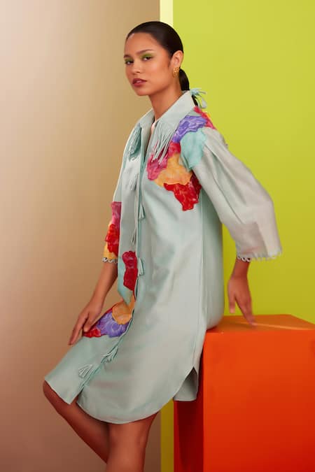 Shop_Garima Bindal_Blue Chanderi Embroidery Collared Floral Applique Shirt Dress _Online_at_Aza_Fashions