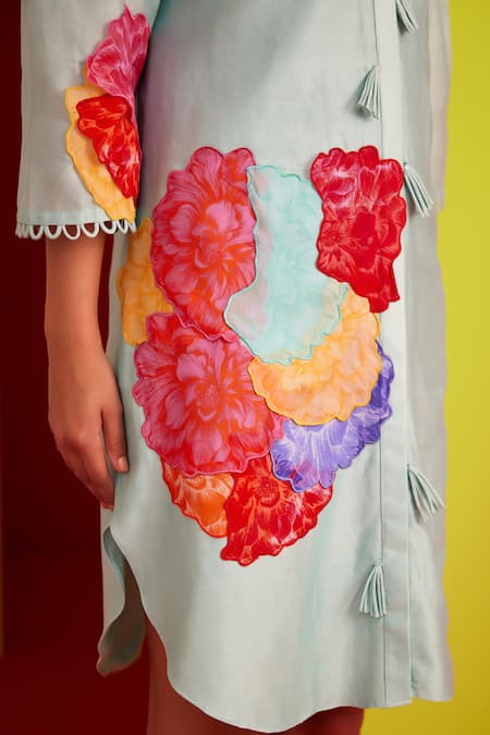 Garima Bindal_Blue Chanderi Embroidery Collared Floral Applique Shirt Dress _at_Aza_Fashions