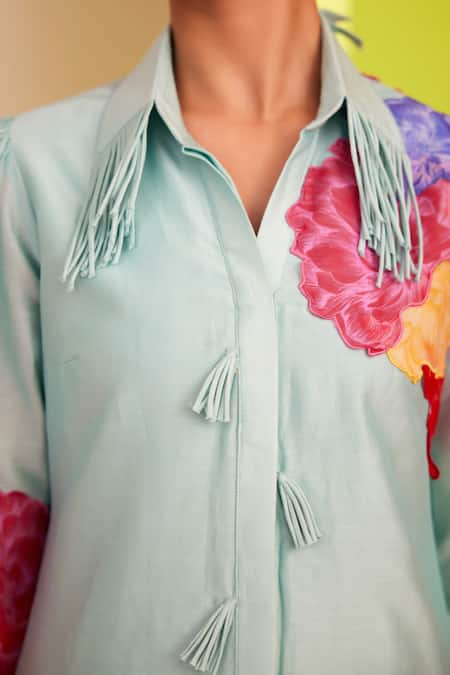 Buy_Garima Bindal_Blue Chanderi Embroidery Collared Floral Applique Shirt Dress 