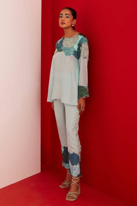 Garima Bindal_Blue Pure Crepe Print Floral Round Neck Bloom Tunic With Pant _Online_at_Aza_Fashions