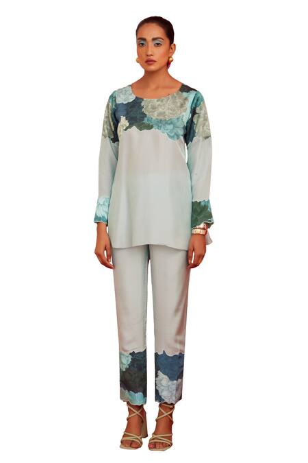 Shop_Garima Bindal_Blue Pure Crepe Print Floral Round Neck Bloom Tunic With Pant _Online_at_Aza_Fashions