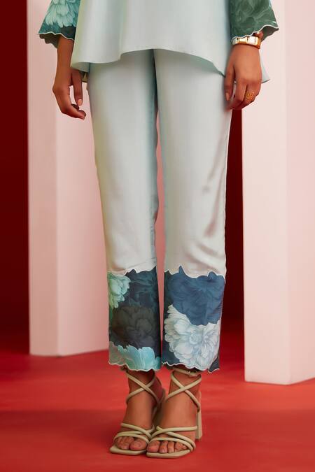 Shop_Garima Bindal_Blue Pure Crepe Print Floral Round Neck Bloom Tunic With Pant 