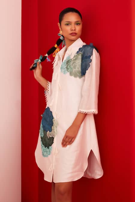 Buy_Garima Bindal_Ivory Chanderi Embroidery Collared Flower Applique Short Dress _Online_at_Aza_Fashions