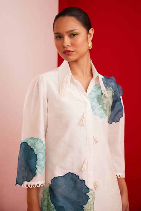 Shop_Garima Bindal_Ivory Chanderi Embroidery Collared Flower Applique Short Dress _Online_at_Aza_Fashions