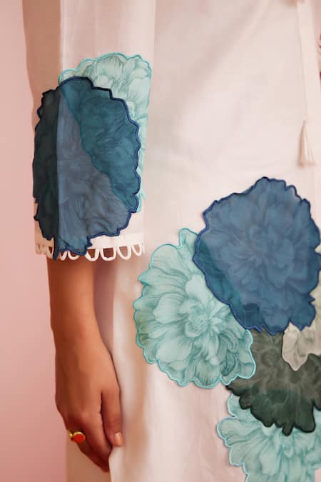 Garima Bindal_Ivory Chanderi Embroidery Collared Flower Applique Short Dress _at_Aza_Fashions