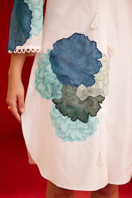 Buy_Garima Bindal_Ivory Chanderi Embroidery Collared Flower Applique Short Dress 