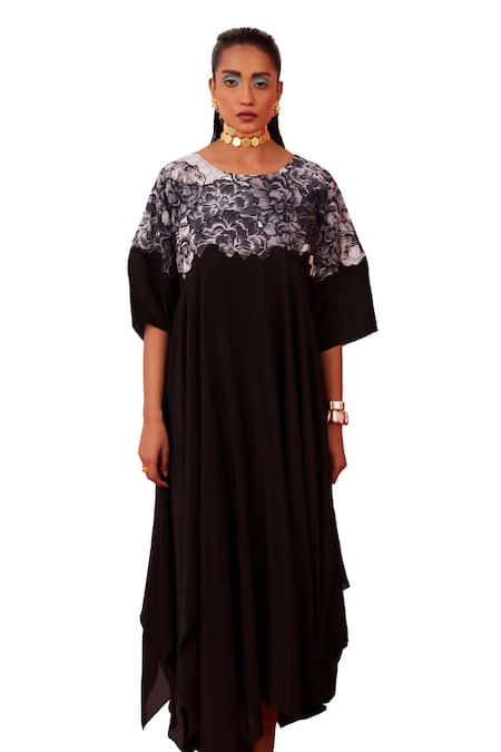 Garima Bindal Black Crepe Embroidery Round Neck Flower Applique Yoke Dress Online at Aza Fashions Garima Bindal_Black Crepe Embroidery Round Neck Flower Applique Yoke Dress _Online_at_Aza_Fashions