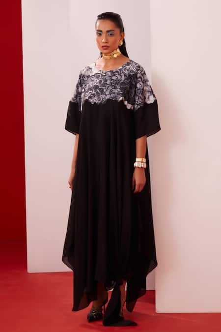 Buy Garima Bindal Black Crepe Embroidery Round Neck Flower Applique Yoke Dress Online at Aza Fashions Buy_Garima Bindal_Black Crepe Embroidery Round Neck Flower Applique Yoke Dress _Online_at_Aza_Fashions