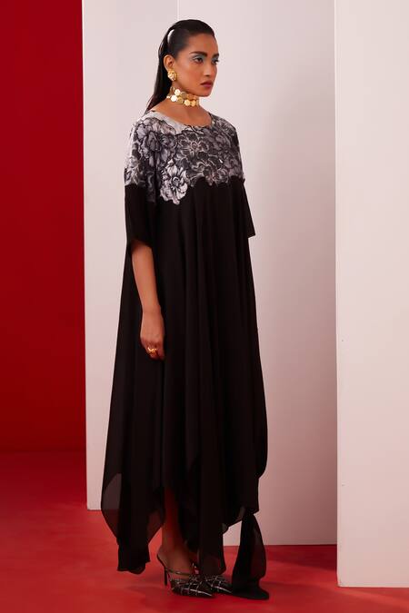 Shop Garima Bindal Black Crepe Embroidery Round Neck Flower Applique Yoke Dress Online at Aza Fashions Shop_Garima Bindal_Black Crepe Embroidery Round Neck Flower Applique Yoke Dress _Online_at_Aza_Fashions